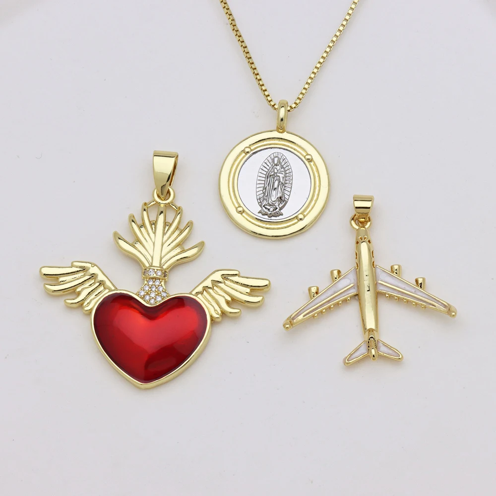5 pcs/Lot Gold Plated Brass Enamel Pendant Necklace Two Tone Virgin Mary Winged Heart Airplane Charm Women Dainty Clavicle Chain