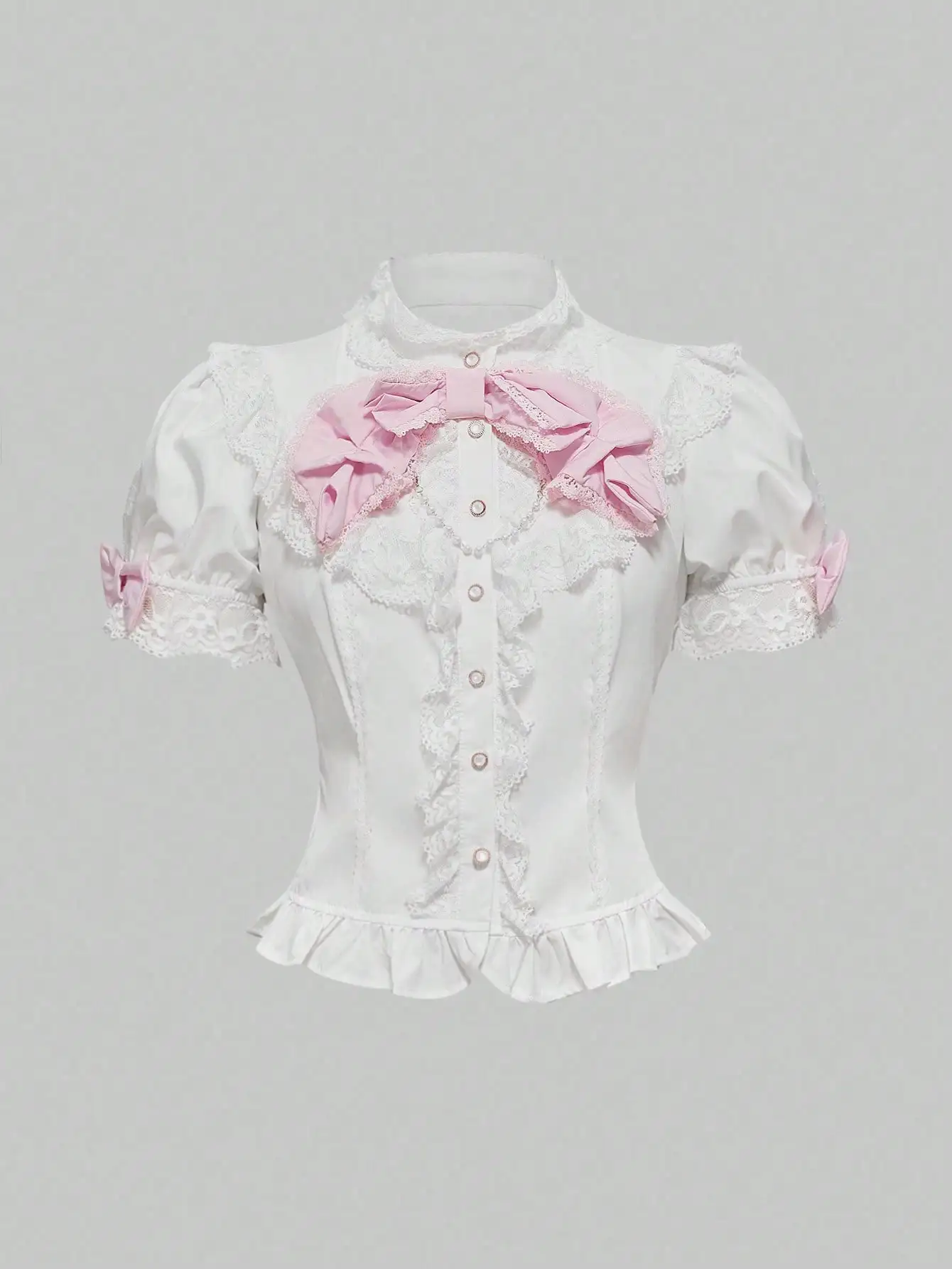 

Милая блузка в стиле Лолита с 3D-розовым бантом, кружевной отделкой и пышными рукавами для лета