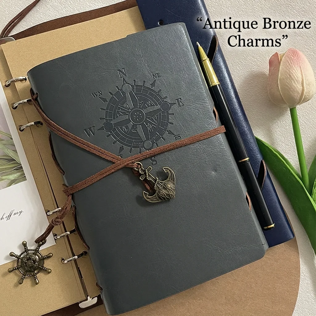 A7 Pirate Compass Pattern Vintage Pu Leather Refillable Pirate Compass Journal Notebook For Daily Journaling And Travel Planning