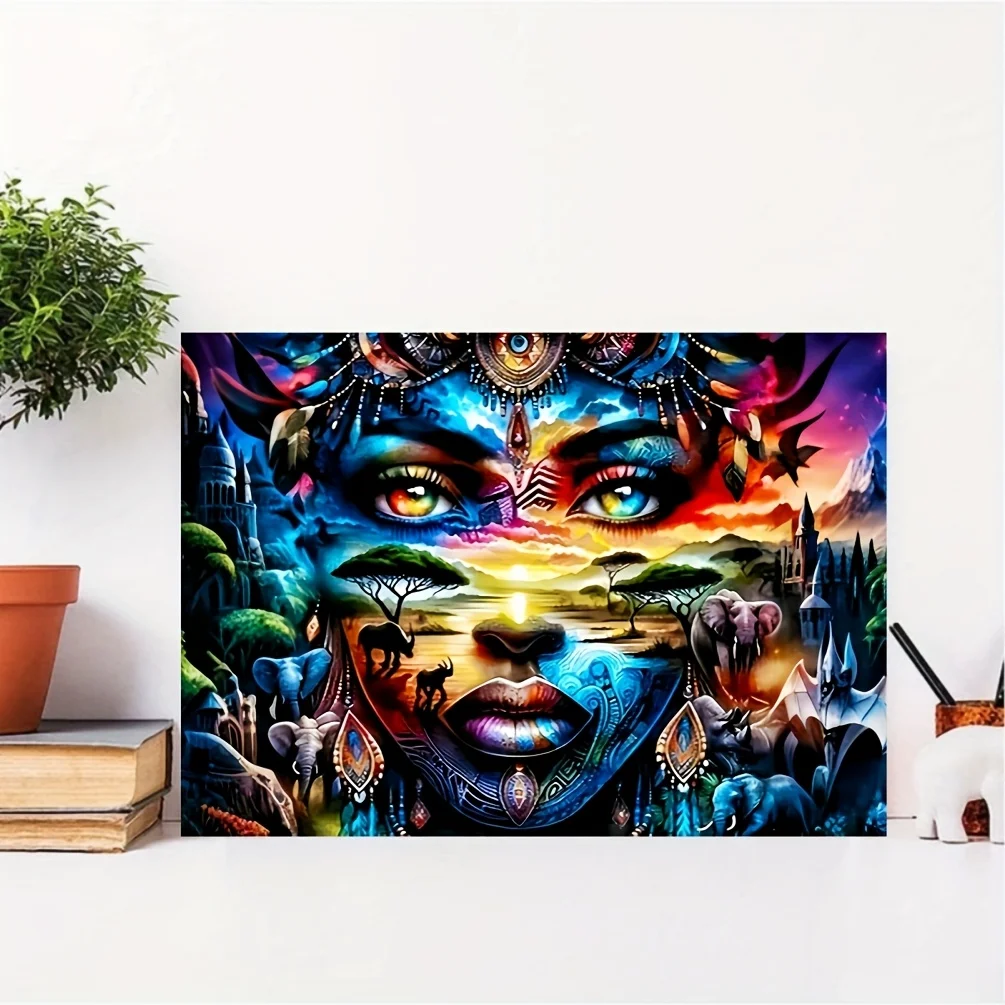 Home Decor Wall Art - 1000pcs Elephant African Wildlife Jigsaw Puzzle - with Woman Portrait, Large Puzzle for Adults & Familie