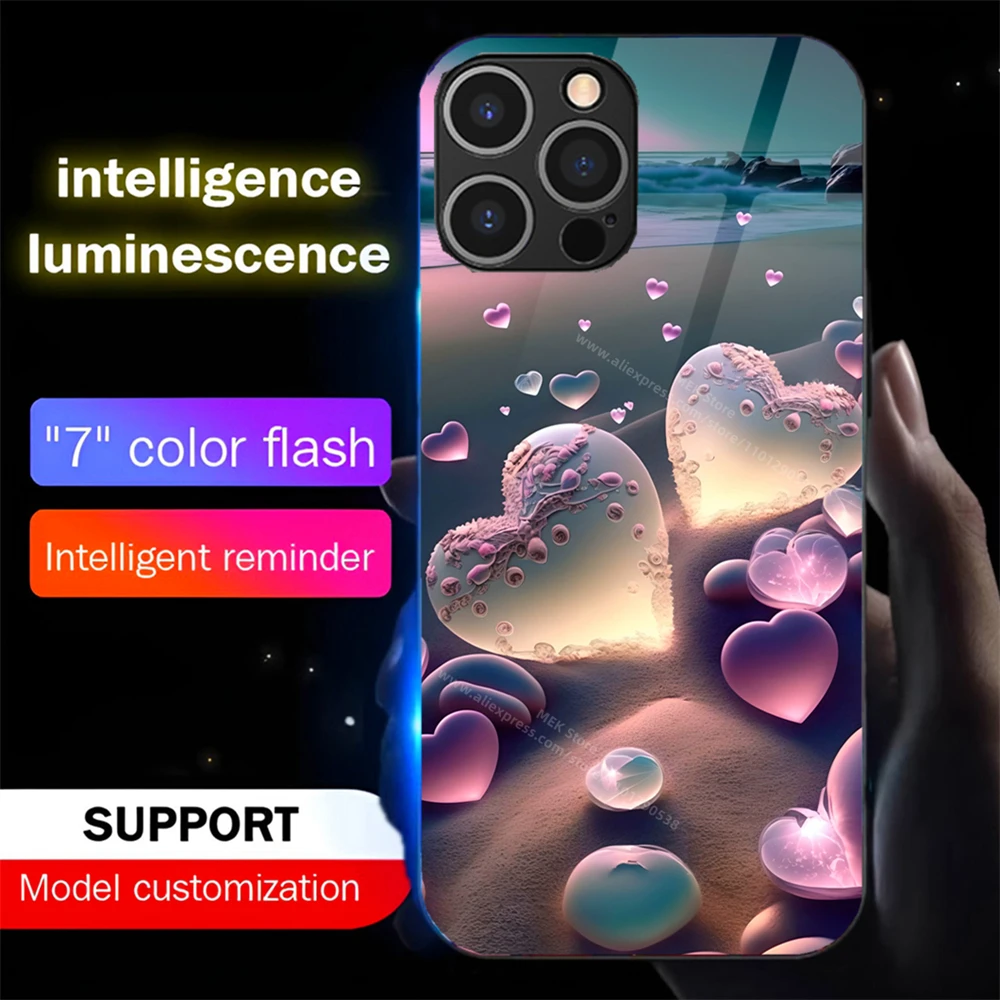 Love Heart Beach Design Sound Control LED Flash Cases Luminous Glass Cover For iPhone Air 18 17 16 15 14 13 12 11 Pro Max Plus