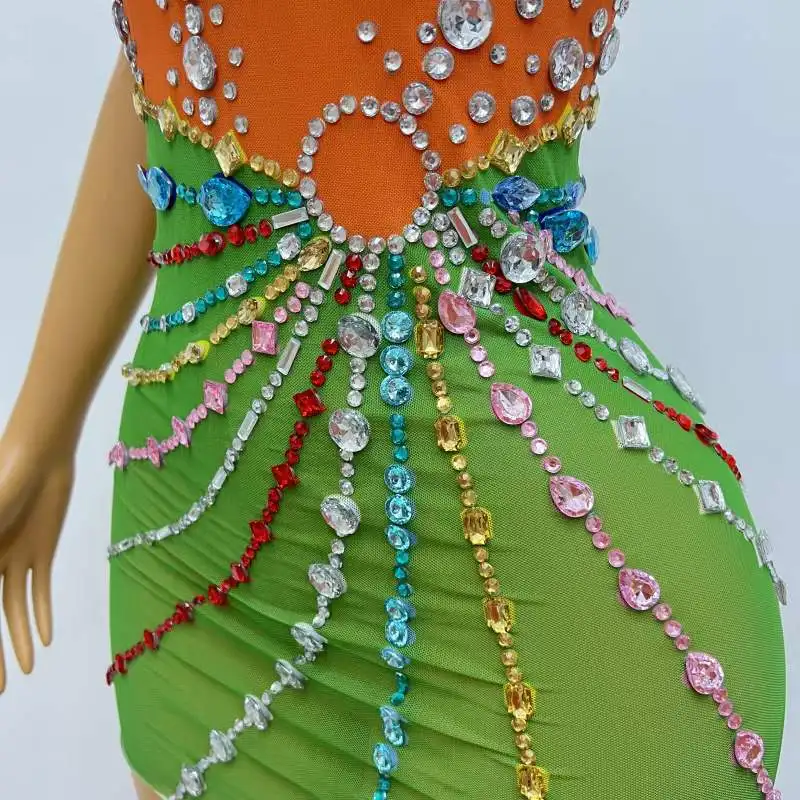 Abito elasticizzato con frange di strass verde per le donne senza maniche splendido abbigliamento da palcoscenico See Through DJ DS Gogo Drag Queen Costume