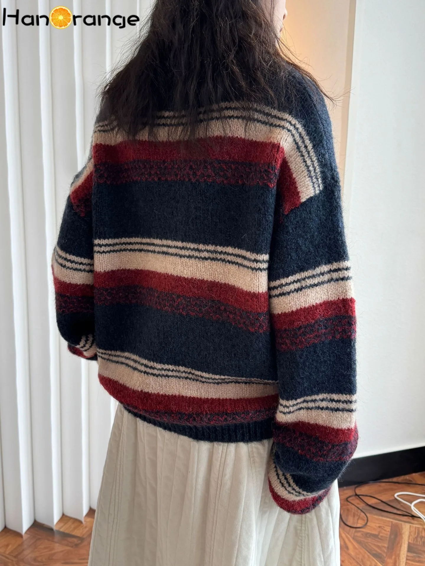 HanOrange 2024 Early Spring Fashion Lazy Striped Wool Sweater Women Crisp Stylish Pullover Top Green/Navy Blue