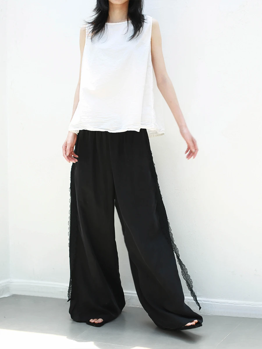 

Copper Ammonia Fiber Wide Leg Pants with Lace Insert Elastic Waist Trousers for Women Casual Faion Godd Trousers