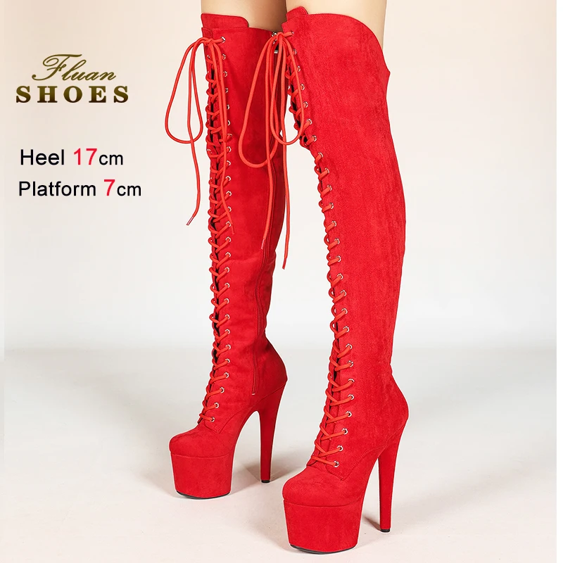 

Женские клубные ботфорты на платформе 7 дюймов, замшевые, на шнуровке, для танцев на пилоне, экзотические, выше колена, 2026