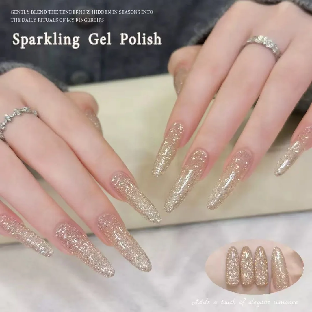 Sparkly Champagne Diamond Glitter Gel Nail Polish XEIJAYI Transparent Nude Flash UV Gel Soak Off Semi Permanent Nail Art Varnish