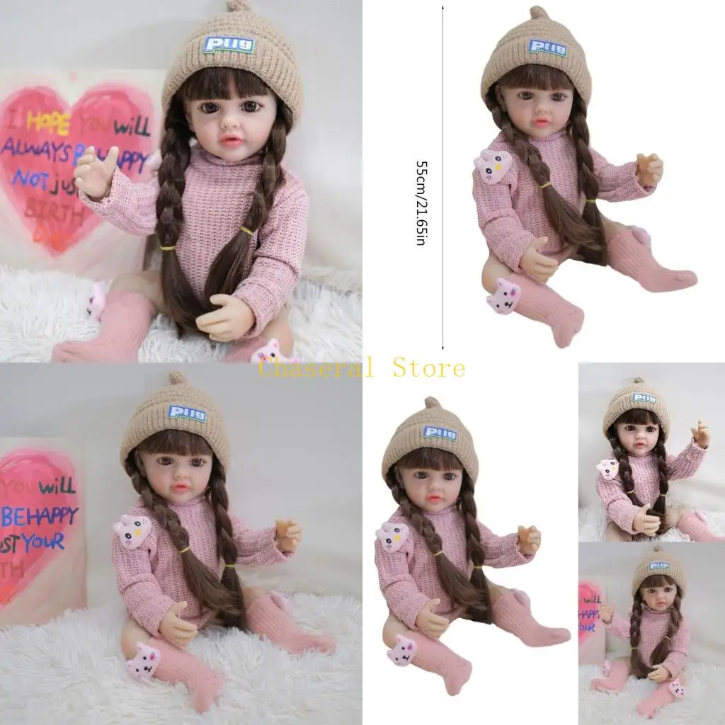 

E7CE 55cm Simulation Infant Doll Long Braids Rebirth Girls Doll with Moving Arms&Legs for Baby Kids Accompany Washable Doll