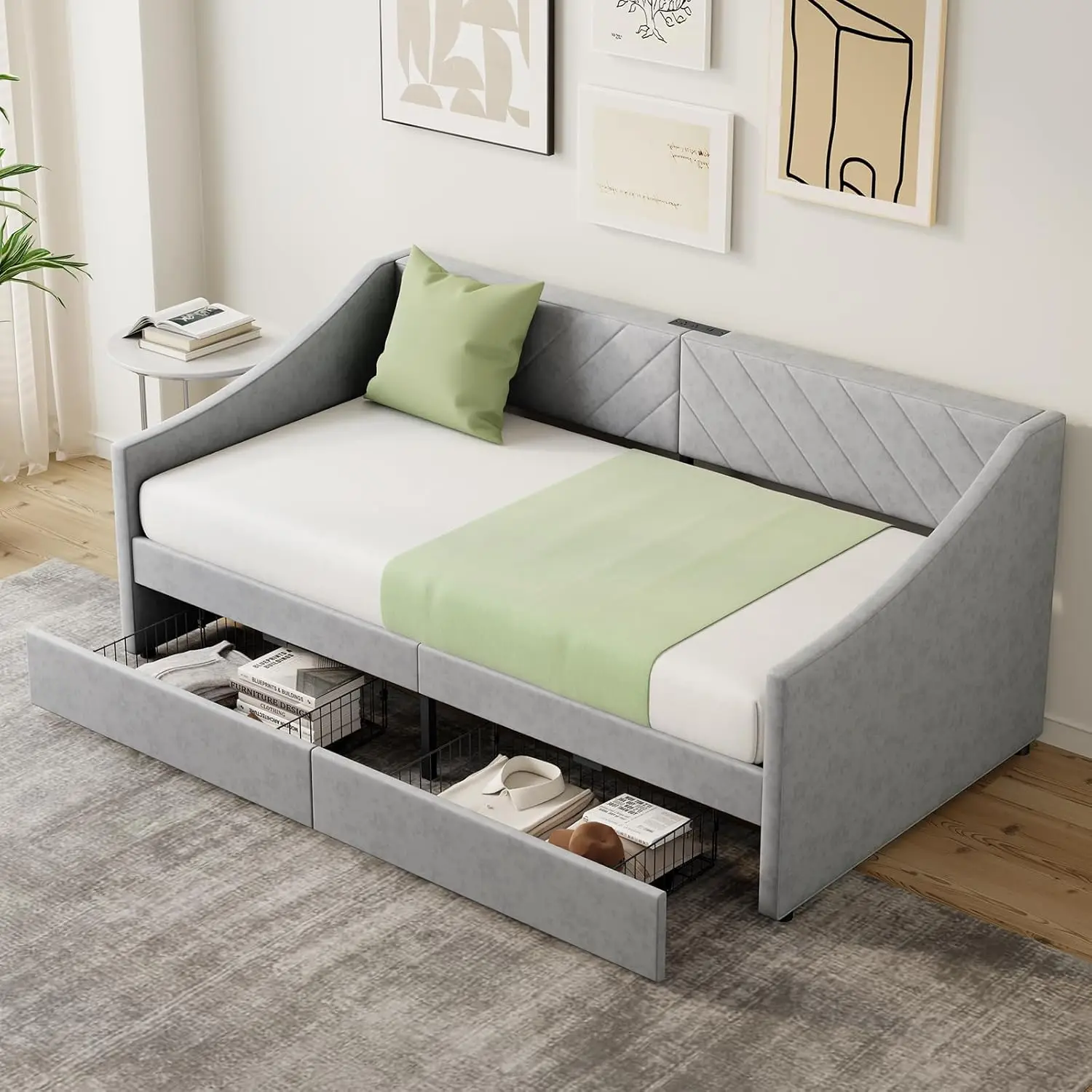 

Twin Size Daybed with 2 Storage Drawers Upholstered Daybed Frame with Charging Station Heavy Duty Sofa Bed for Bedroom Living