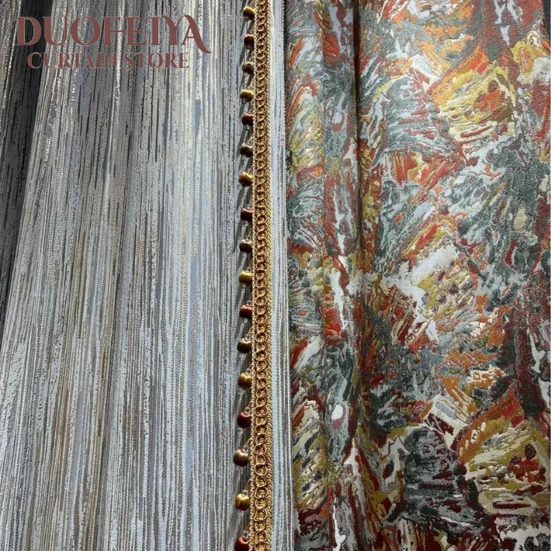 

Golden Silk Line Jacquarduxury Blackout Curtains for Living Dining Room Bedroom Luxury Modern Patchwork Finished Curtain
