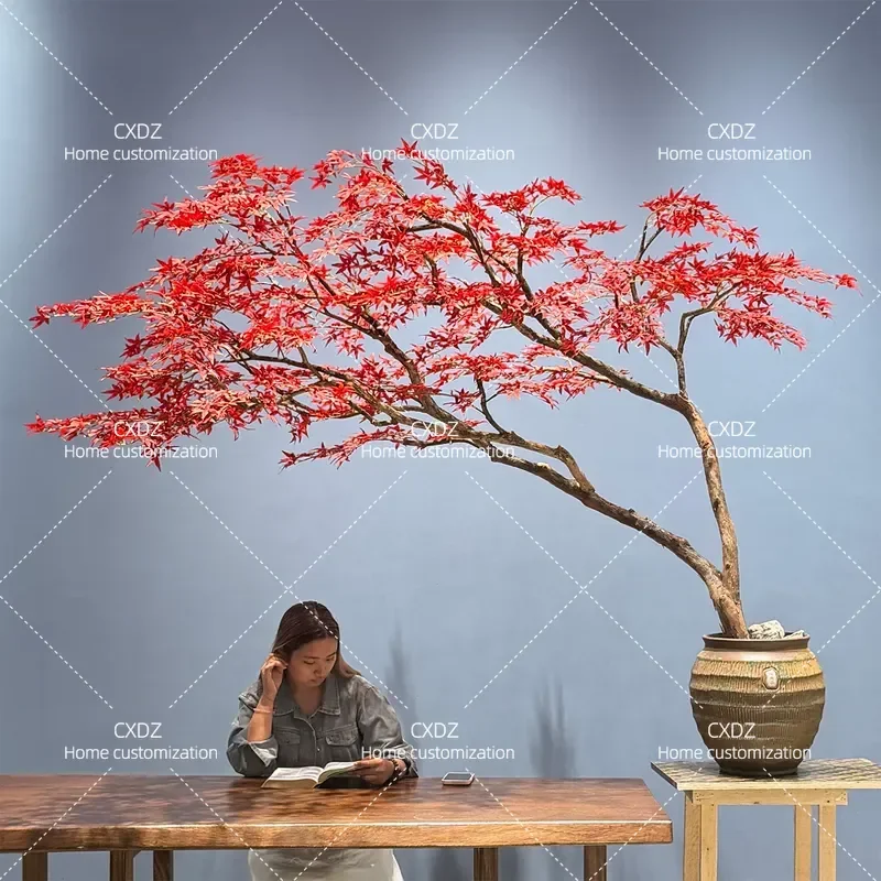 Simulation green plant bonsai red maple fake tree interior decoration tree living room office desktop Chinese zen advanced