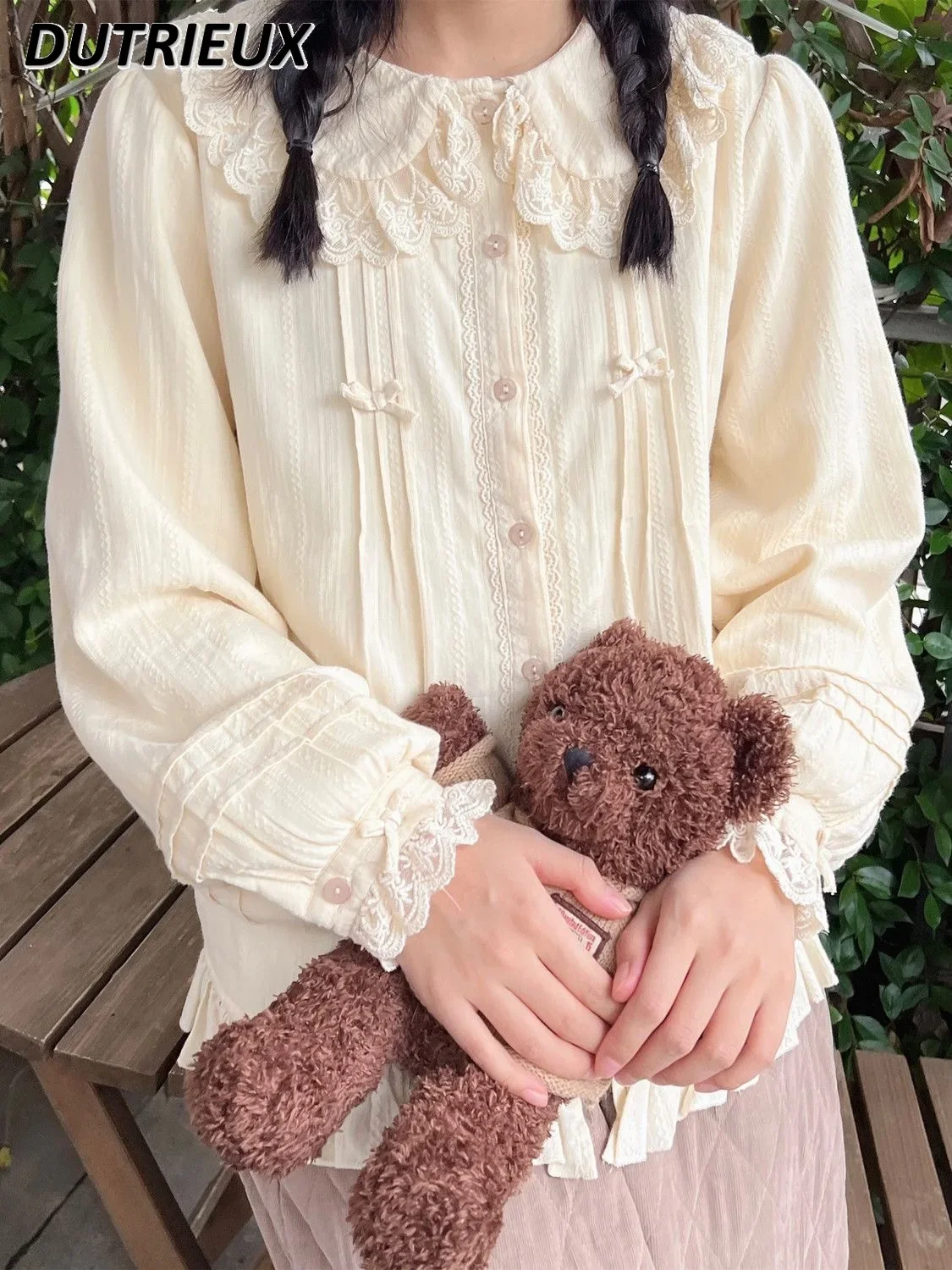 Cream Apricot Lace Doll Collar Shirt Autumn and Winter Fleece-lined Thick Cotton Tops Jacquard Fabric Inner Wear Blouse