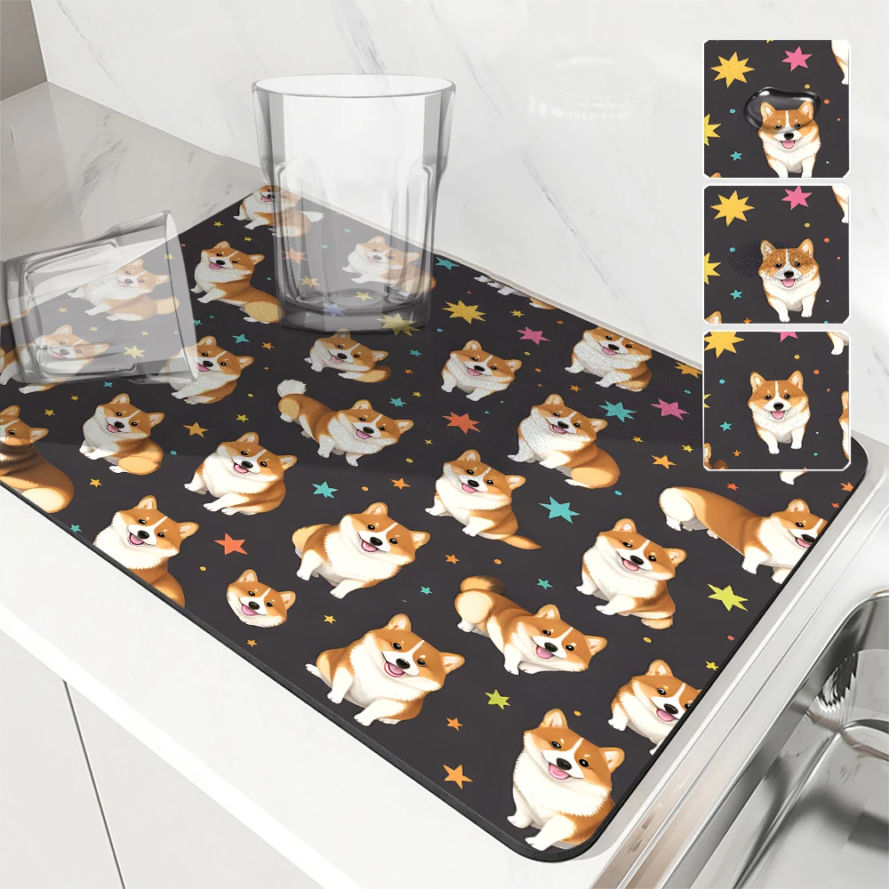 Absorbent Mat Animal Corgi Dog Kitchen Antiskid Drying Mat Quick Dry Bathroom Drain Pad Tableware Mat