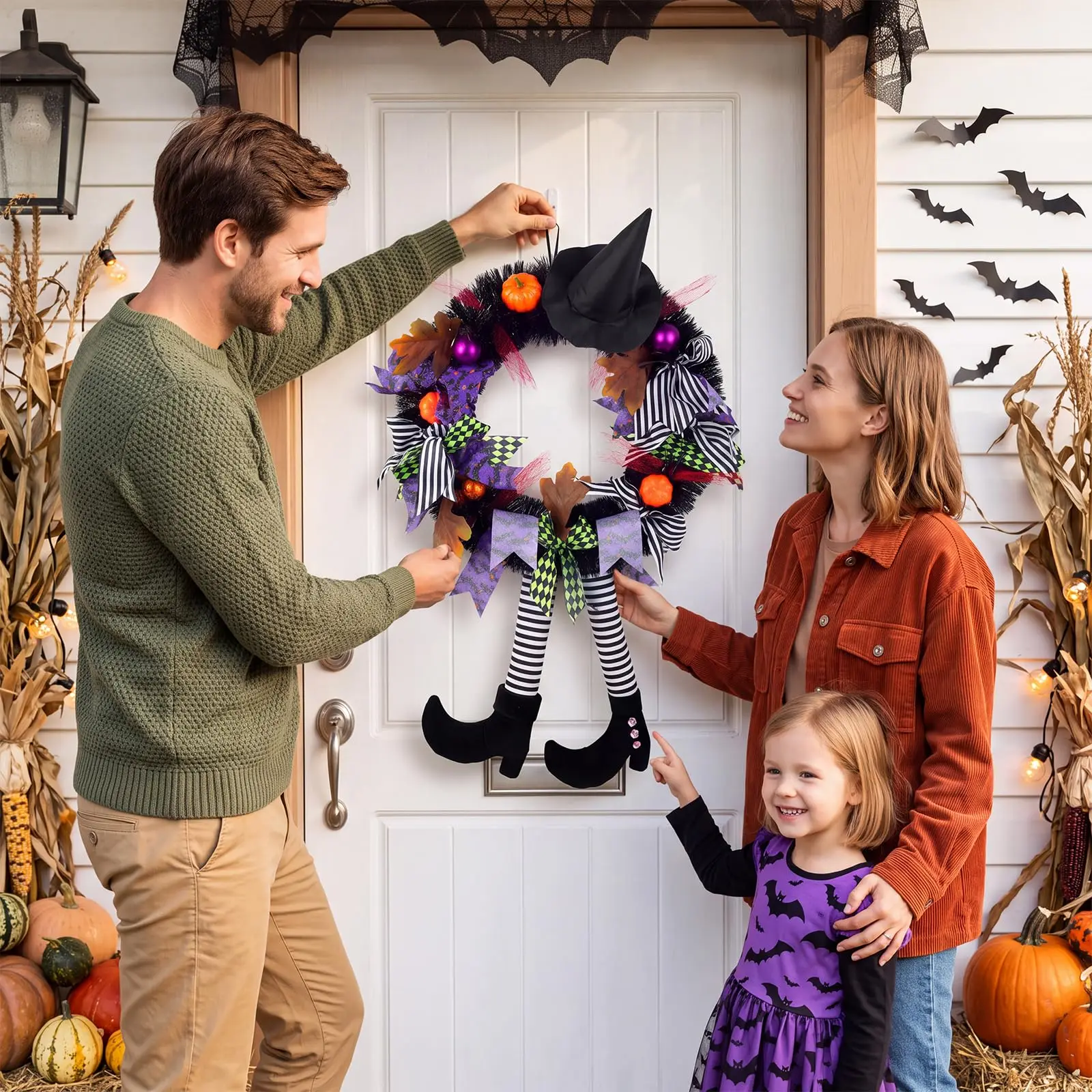 SHAVINGFUN Halloween Wreath-Halloween Wreaths for Front Door 24 Inch Witch Wreath with Hat Witches Legsl Pumpkin, Decorations Door,Porch,Window,Indoor and Outdoor Decor