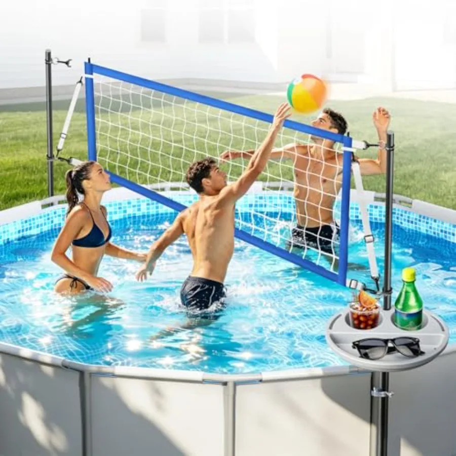 

Above Ground Pool Volleyball Net Set for outdoor poolside games polyester net with steel poles black adjustable 10-20FT width a