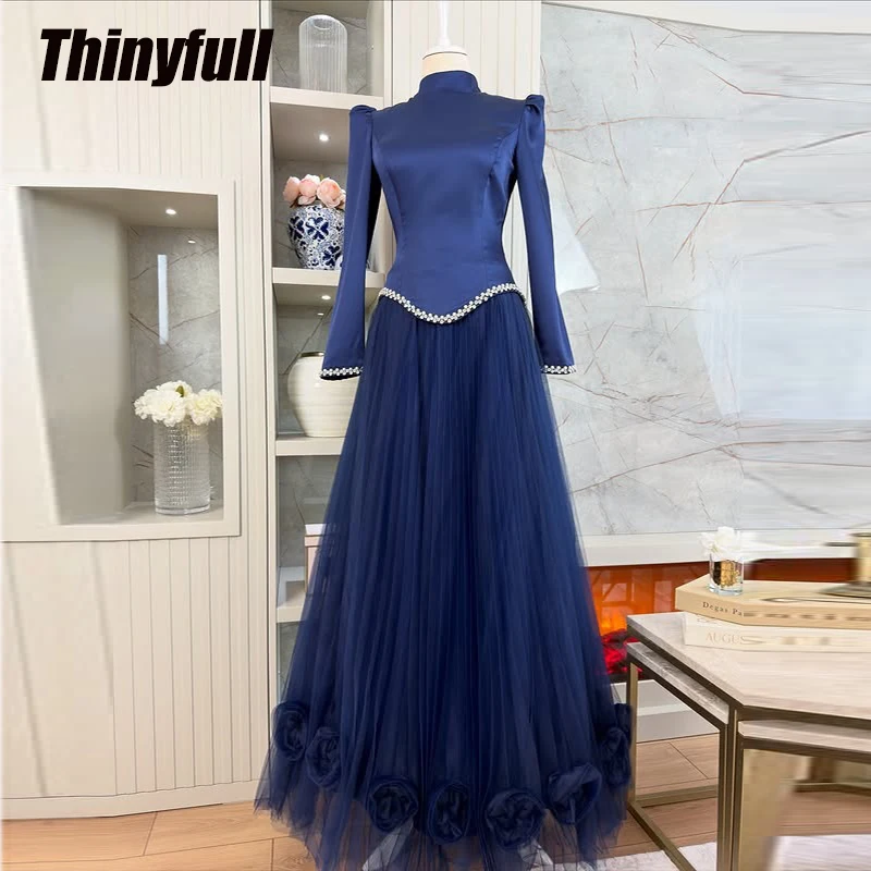 

Тонкие атласные/тюлевые платья для выпускного вечера трапециевидной формы с высоким воротом и длинными рукавами Вечернее платье Вечернее платье на заказ