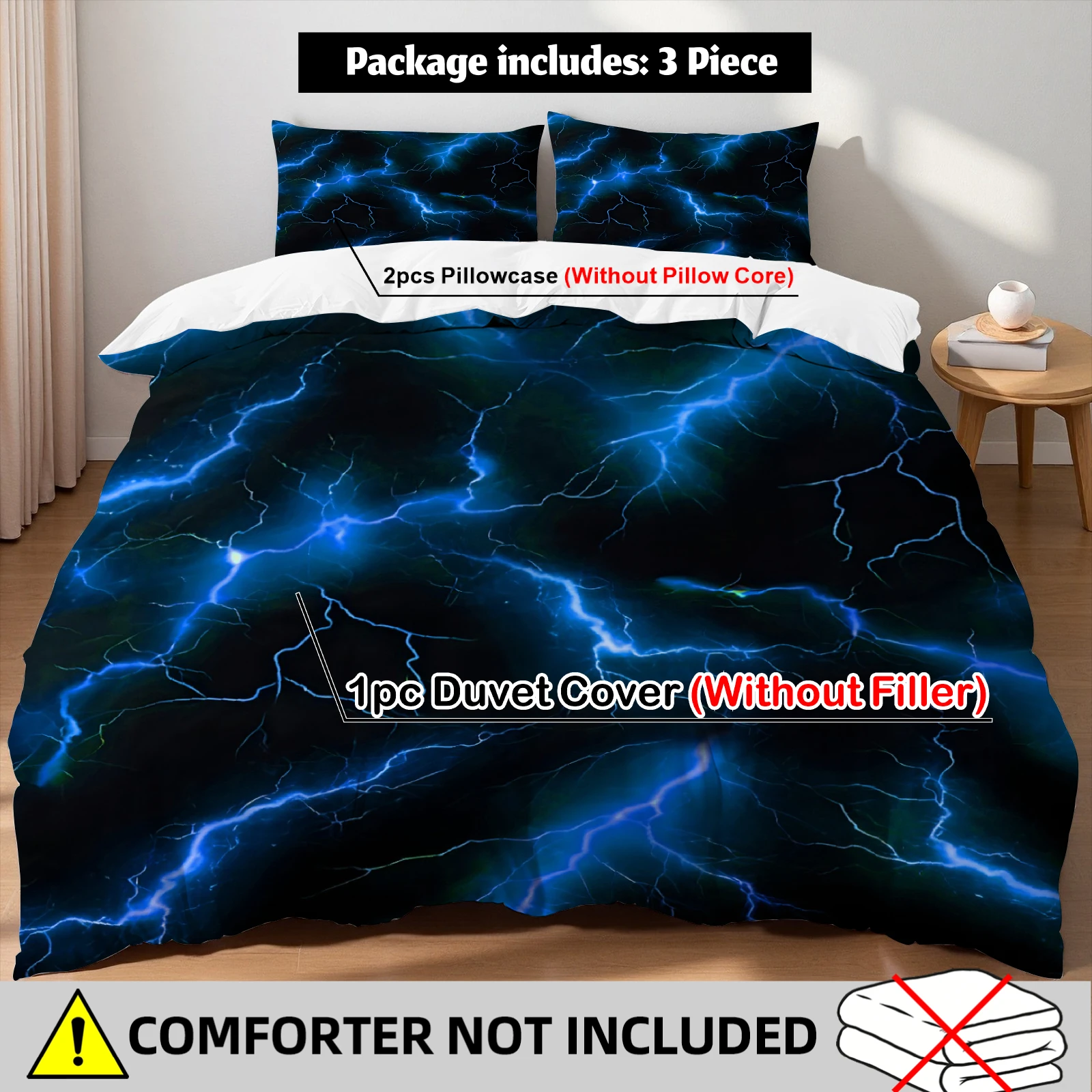 3-teiliges schwarzes Bettbezug-Set mit Blitz-Design, Bettbezug mit 2 Kissenbezügen, Einzelbett- und Queen-Size-Bettwäsche-Set