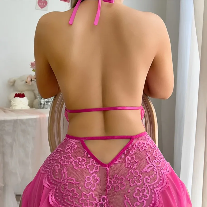 New Sexy Crotchless Rose Sexy Lingerie Women Lace Hollow Bodysuit Teddy Babydoll Dress Deep V Open Bra Porno Set Erotic Pajamas image 5