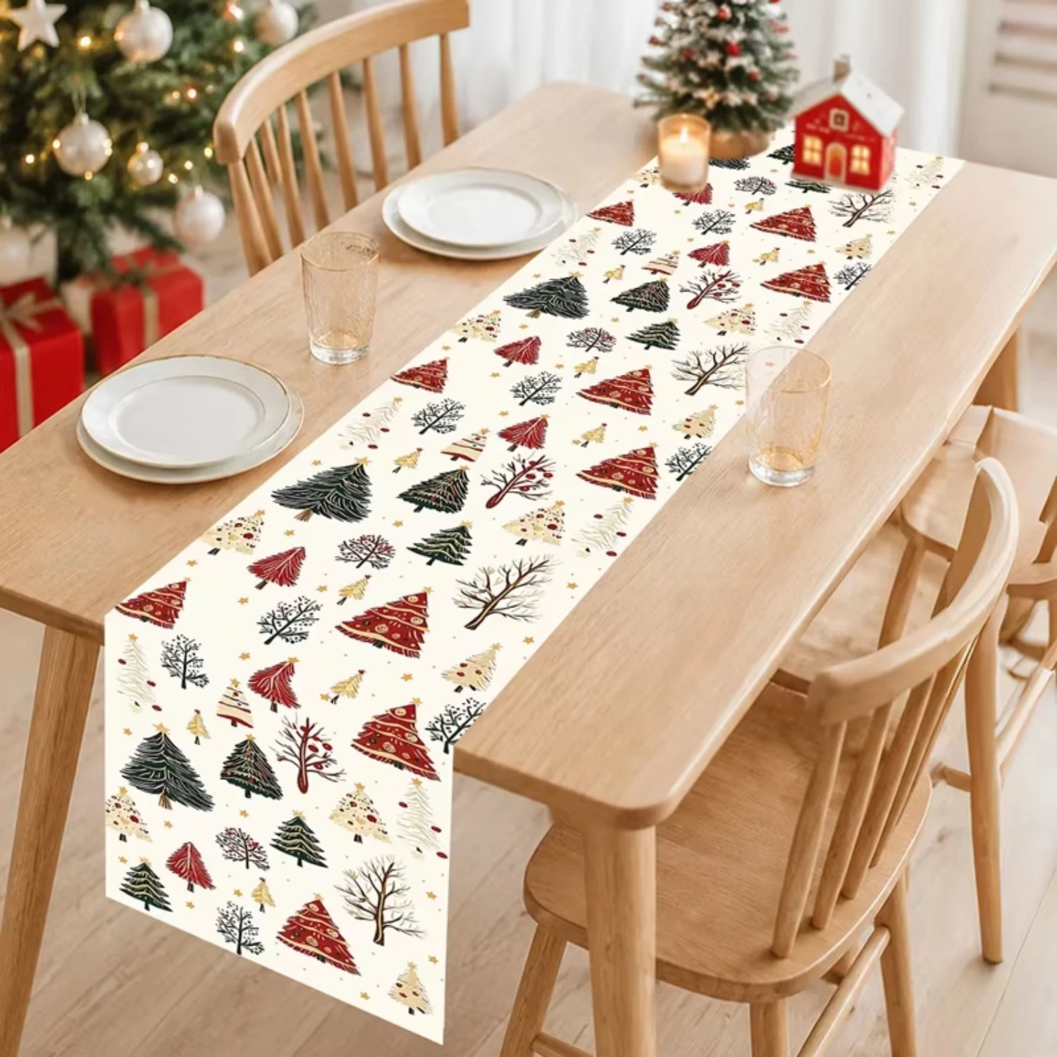 1pc Vintage Cute Winter Christmas Tree Table Runner For Xmas Festival Gathering Cafe Restaurant Desktop Stylish Home Decor