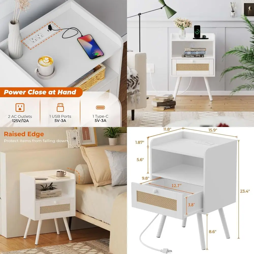 

White Bedroom Nightstand with Charging Station, Rattan-Style Decor Drawer, Solid Wood Legs, Open Storage for Living Spaces and D