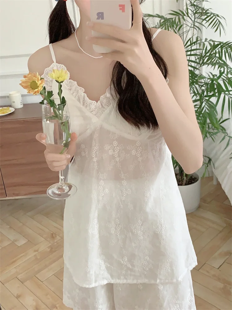 

Solid Sweet Simple Sleeveless Sexy Embroidery Sling Summer Pajama Set Women Loose Casual Elegant Coolness Holiday Sleep Tops Ins