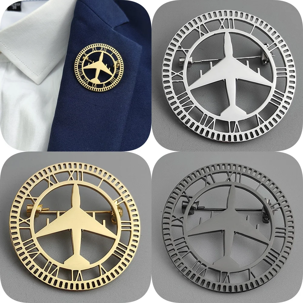 Fashion punk airplane Roman numeral hollow stainless steel gold-plated 18K brooch, black suit accessories, wedding matching set