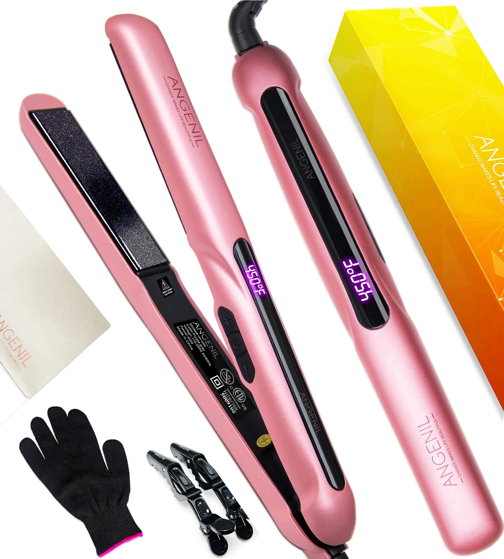 ANGENIL Argan Oil Flat Iron for Women, Hair Straightener and Curler 2 in 1, Professional Portable Ceramic Pink Hair Straightener