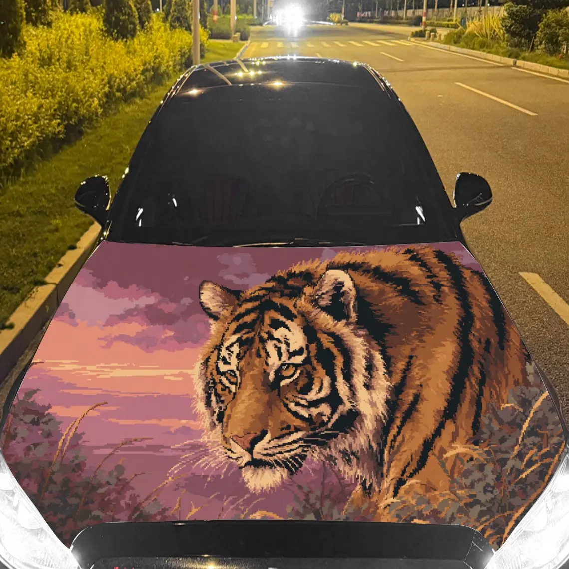 Car Decal Tiger in Sunset-Hued Landscape Background & Artistic, Realistic-Dynamic Visual Details Car Hood Sticker, Waterproof Se