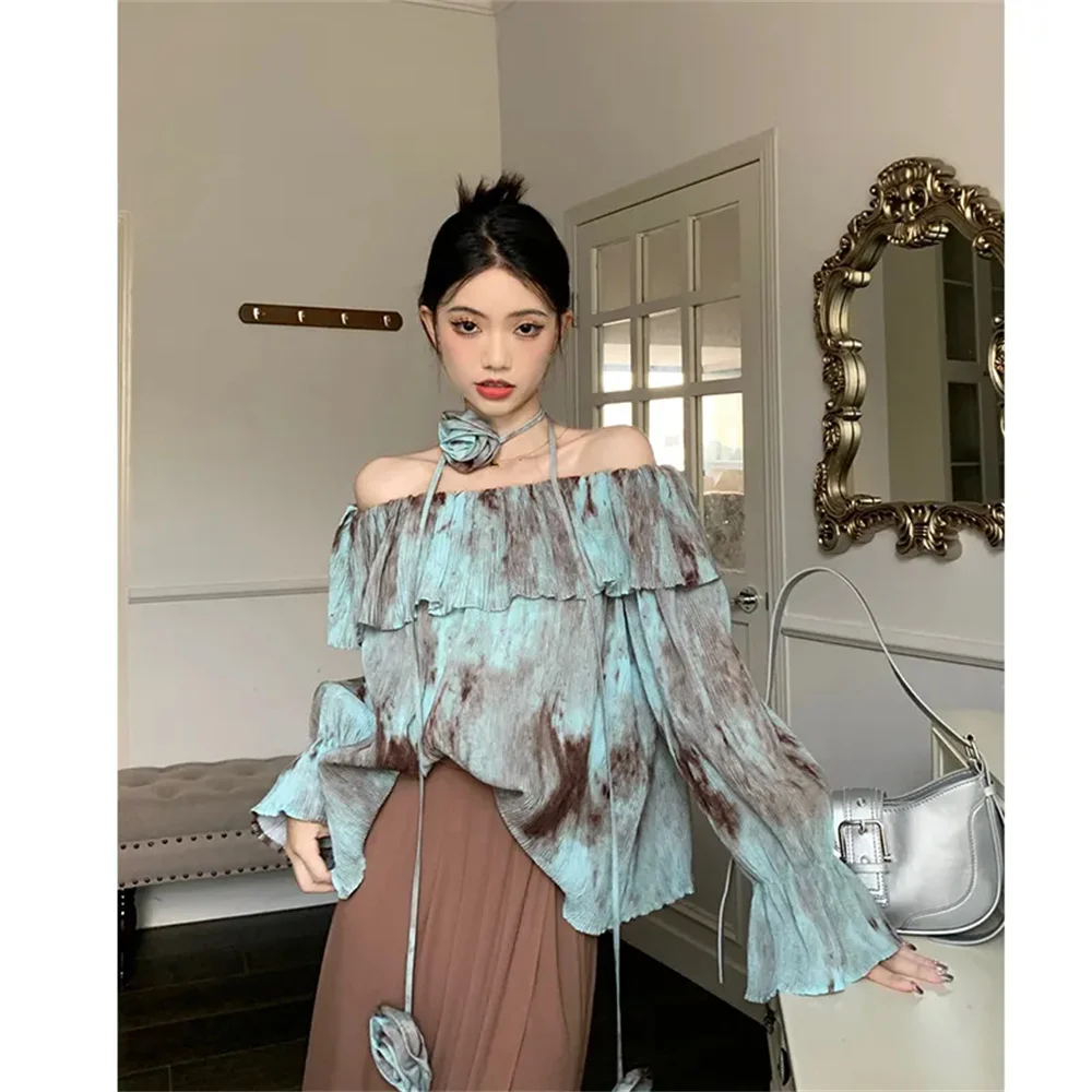 

2024 vintage tie-dye shirt women's ruffled one-line shoulder long-sleeved shirt autumn design sense niche top casual upscale