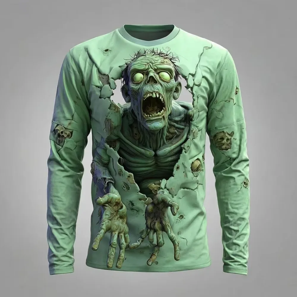 Men's Long Sleeve T-Shirt 3DPrint Horror Zombie Breaking Through Shirt Halloween Outdoor Leisure Breathable and Quick-drying Top