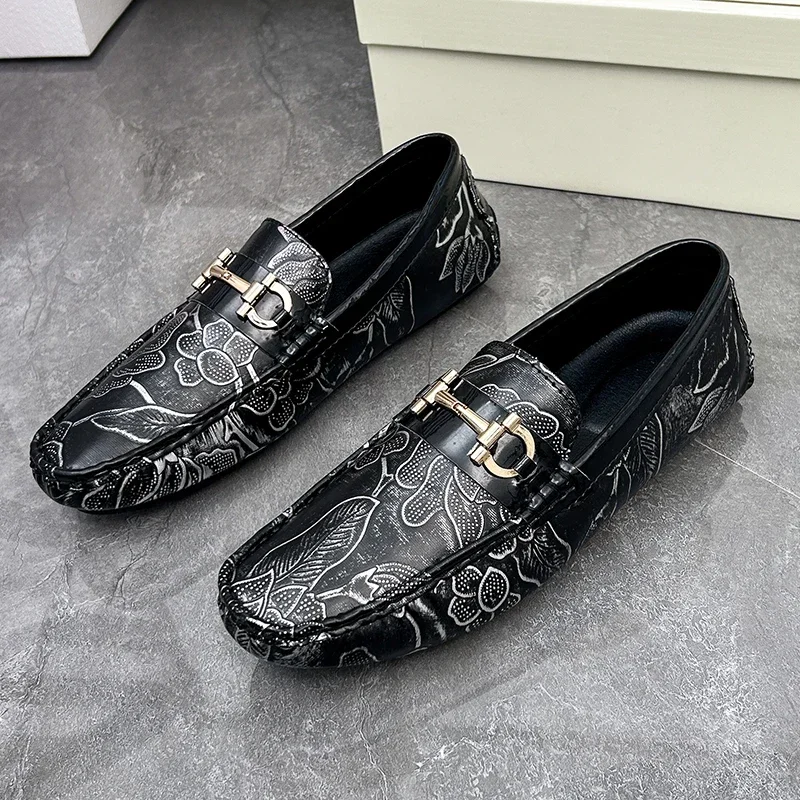 Mocassins com padrão floral masculino, mocassins confortáveis, sapatos casuais para dirigir, tamanho grande, novo