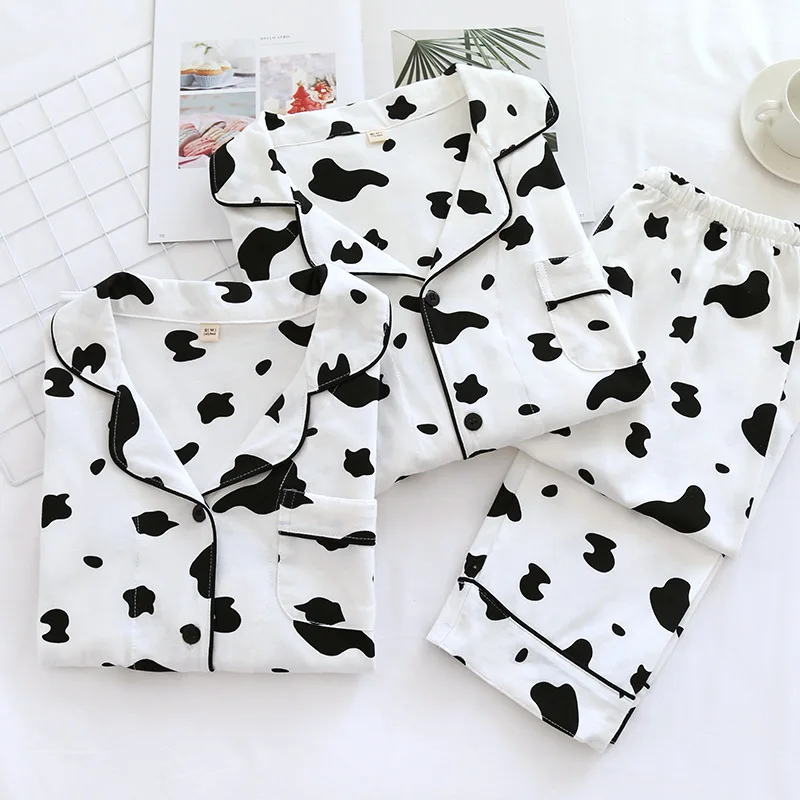 Novelty Print Cows Couple Pajamas Trouser Suits Casual Loose Elastic Waist Pijamas Sleepwear with Pocket Soft Cotton Home Wear