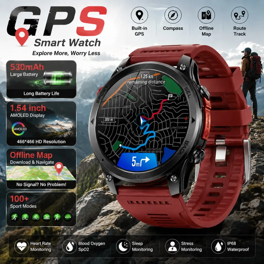 Montre connectée LIGE avec suivi GPS, écran AMOLED 1,46'', batterie 530 mAh, boussole, sport, fitness, étanche, pour hommes