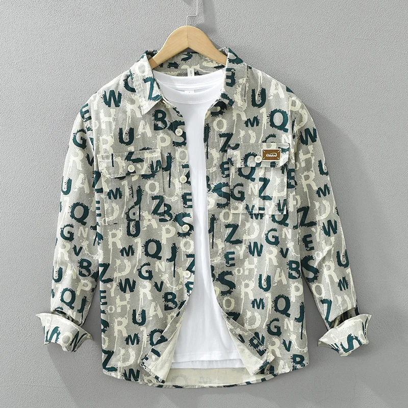 

Fashion Letter Print Long Sleeve Shirt for Men New Loose Cotton Casual Shirt Men's Clothing