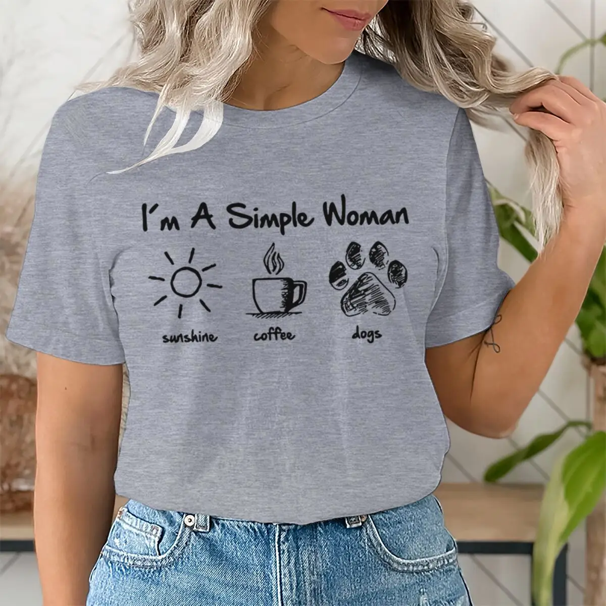 

I Am A Simple Woman with Letters Sunshine Coffee Dog Pattern T-shirt Fun Cute Retro Women's T-shirt Fashion Casual Summer Top