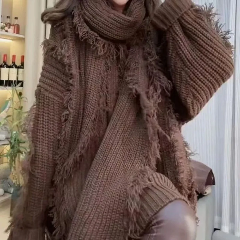 (مبيعات المصنع مباشرة) الخريف والشتاء الصناعة الثقيلة مهدب سترة برقبة على شكل حرف v + وشاح قطعتين مجموعة المرأة كسول الرياح سبليت #2