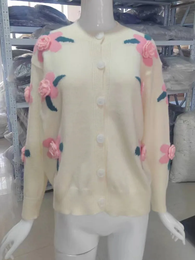 LANMREM wersja koreańska trójwymiarowy kwiatowy sweter dziergany sweter dla kobiet wokół szyi jednorzędowy elegancki top 2DA8300