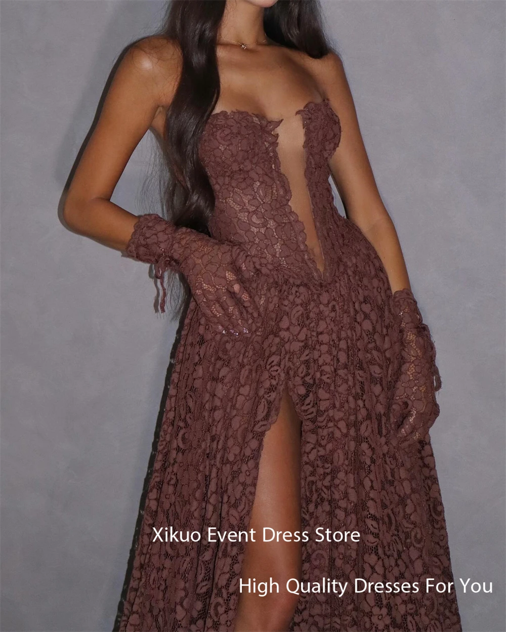 Xikuo Изящные кружевные вечерние платья трапециевидной формы без бретелек халат коктейльные женские иллюзии летние платья для выпускного вечера с высоким боковым разрезом по индивидуальному заказу
