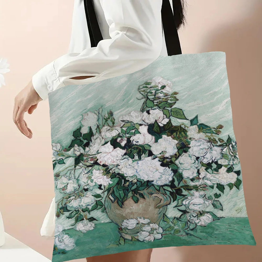 Van Gogh Series Linen Bag Oil Painting Starry Night Flower Handbag Light Weight Shoulder Bag High Capacity Eco Shopping Bags