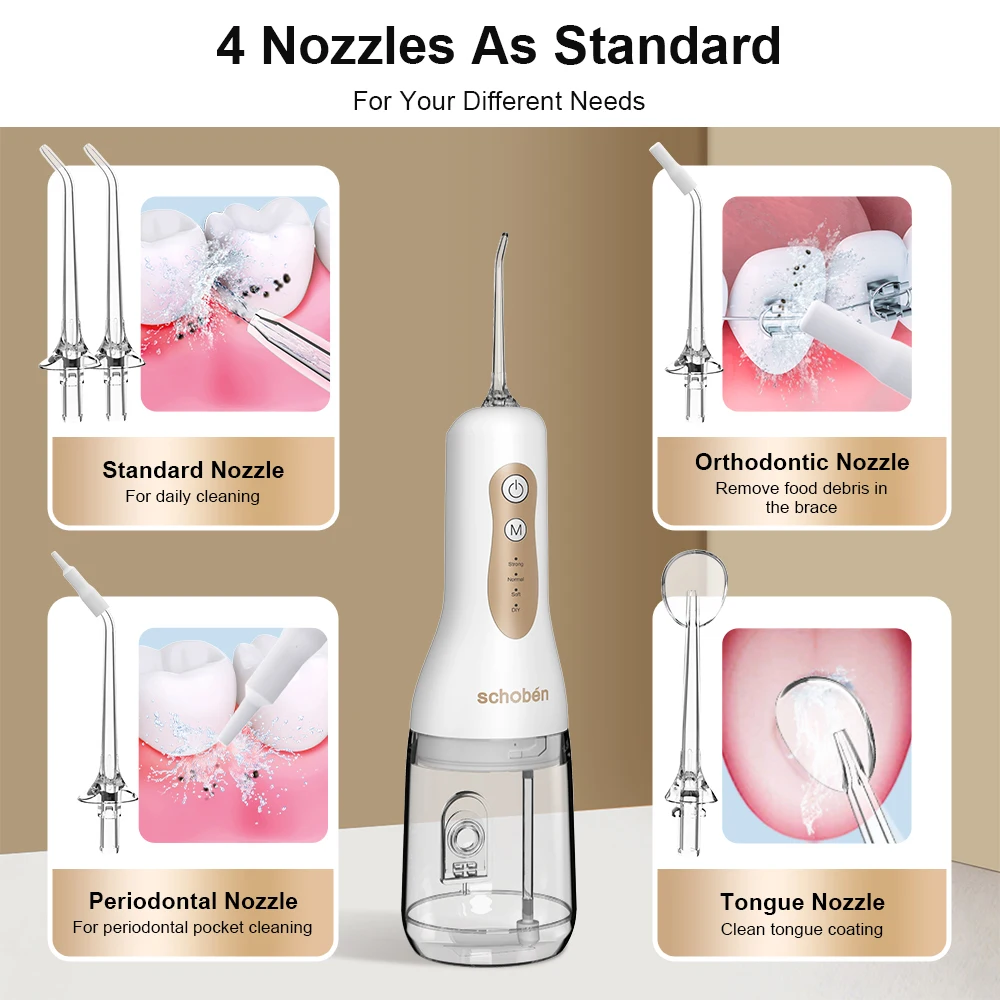 4-in-1 Water Flosser, Cordless Portable 300ML Large Tank, Home & Travel Water Flosser and Dental Floss Cleaner