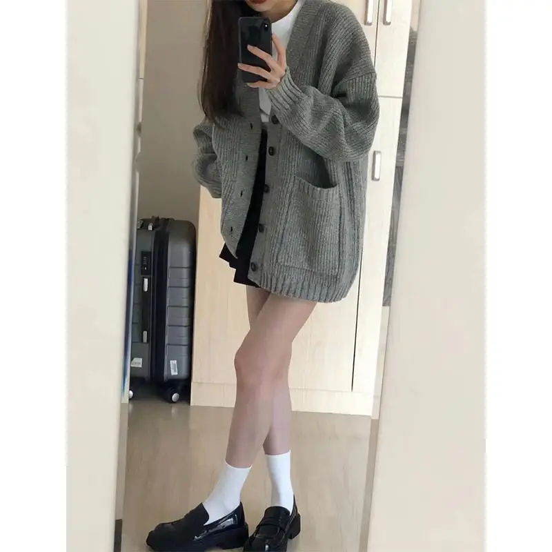 Trend Cardigan Knitting Gray Sweaters Autumn New Long Sleeve Loose Solid Pocket Button Casual Tops Vintage Fashion Women Clothes