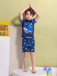 2pcs Cute Shark Pattern Swimsuit For Boys, T-shirt & Swim Trunks Set, Stretchy Surfing Suit, Boys Swimwear For Summer Beach