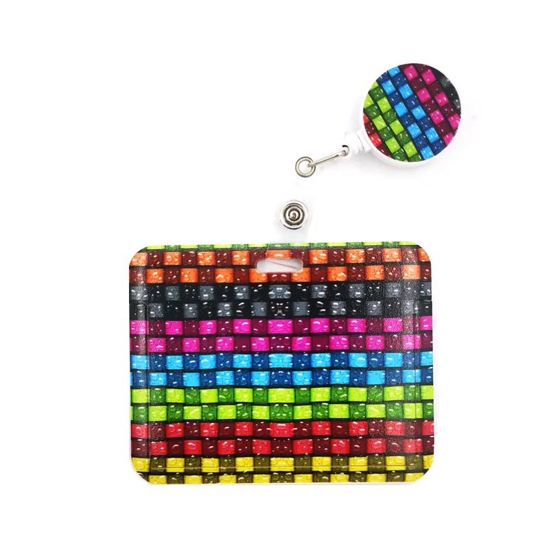 Colorful Stained glass lattice pattern Cute Credit Card Cover Lanyard Bags Retractable Badge Reel Student Clips Card ID Card