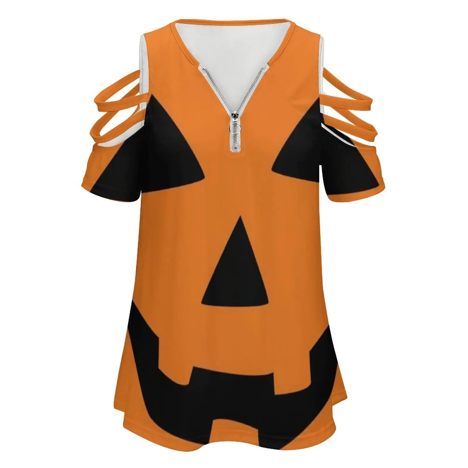 Jack-O-Lantern Women's T-Shirt New Fashion Printed Zipper V-Neck Short Sleeve T Shirts Casual Plus Size Pumpkin Jack Lantern