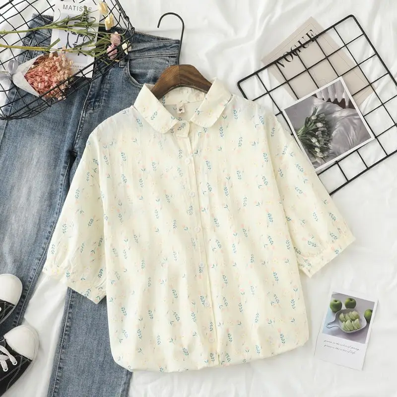 

Kawaii Shirt Chiffon Blouse for Women Rabbit Print Elegant Social Women's Shirt Short Sleeve Shirt Women's Summer Tops 2024