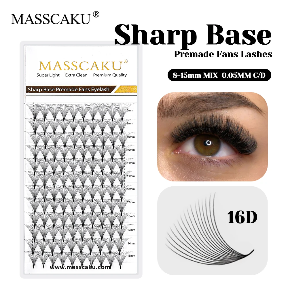 MASSCAKU New Style 0.07mm Thickness Korea PBT Fiber Sharp Base Lashes Long-lasting 12D Narrow Root Thin Stem Lash Easy to Pick