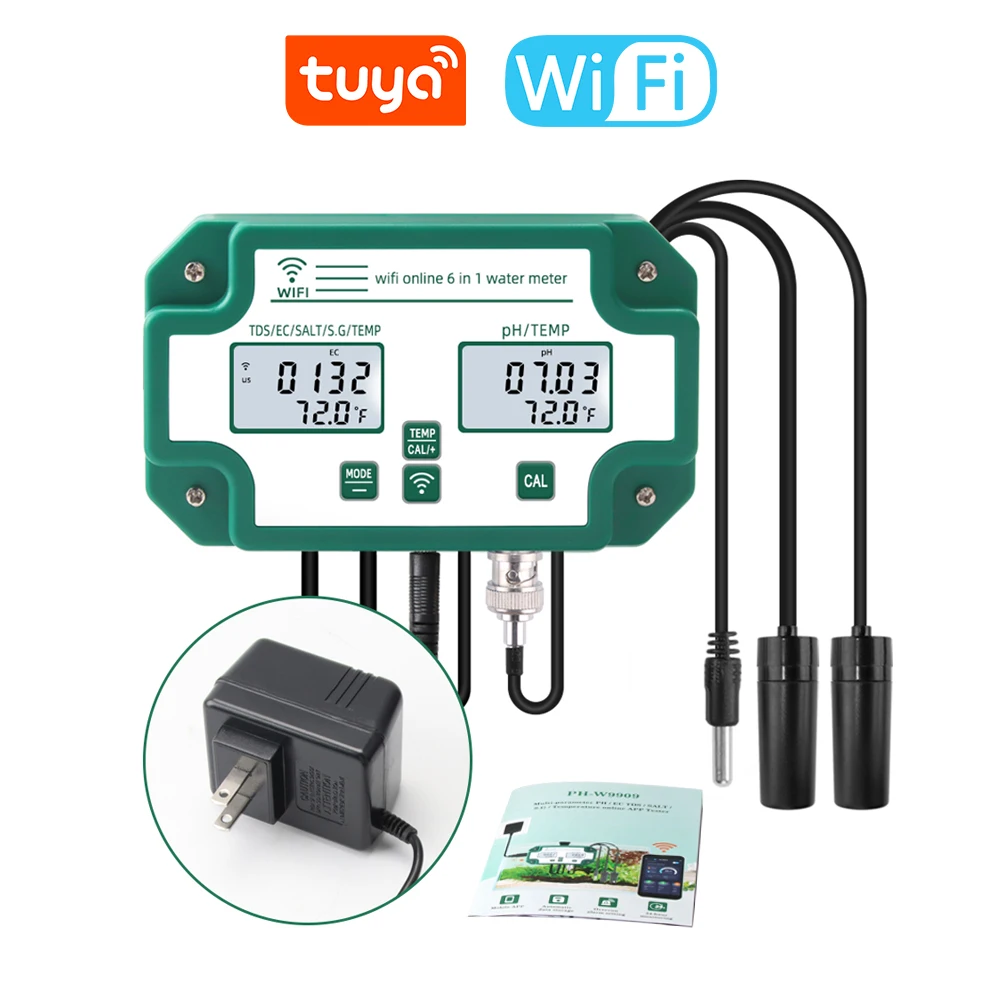 Tuya WiFi 6 في 1 جهاز اختبار جودة المياه الرقمي متعدد الوظائف PH TDS EC S.G SAL محلل مراقبة درجة الحرارة لتربية الأحياء المائية