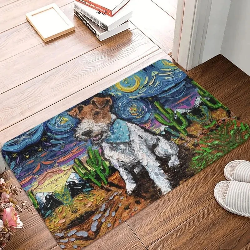 Starry Night Wire Fox Terrier Doormat Non-Slip Bath Kitchen Mat Bedroom Balcony Door Floor Entrance Carpet Rug