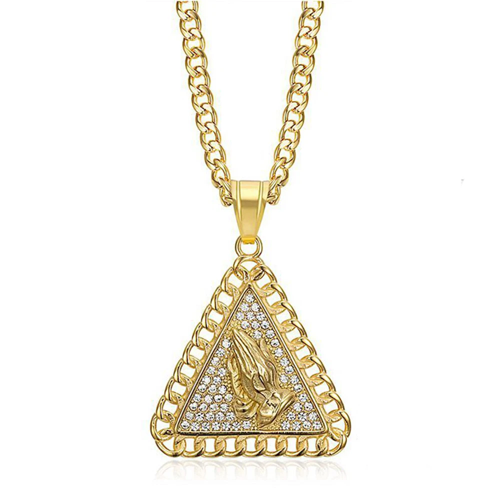 

Hip Hop Iced Out Praying Hands Necklace Male Gold Color Stainless Steel Cuban Chain & Pendant For Men Jewelry Dropshipping