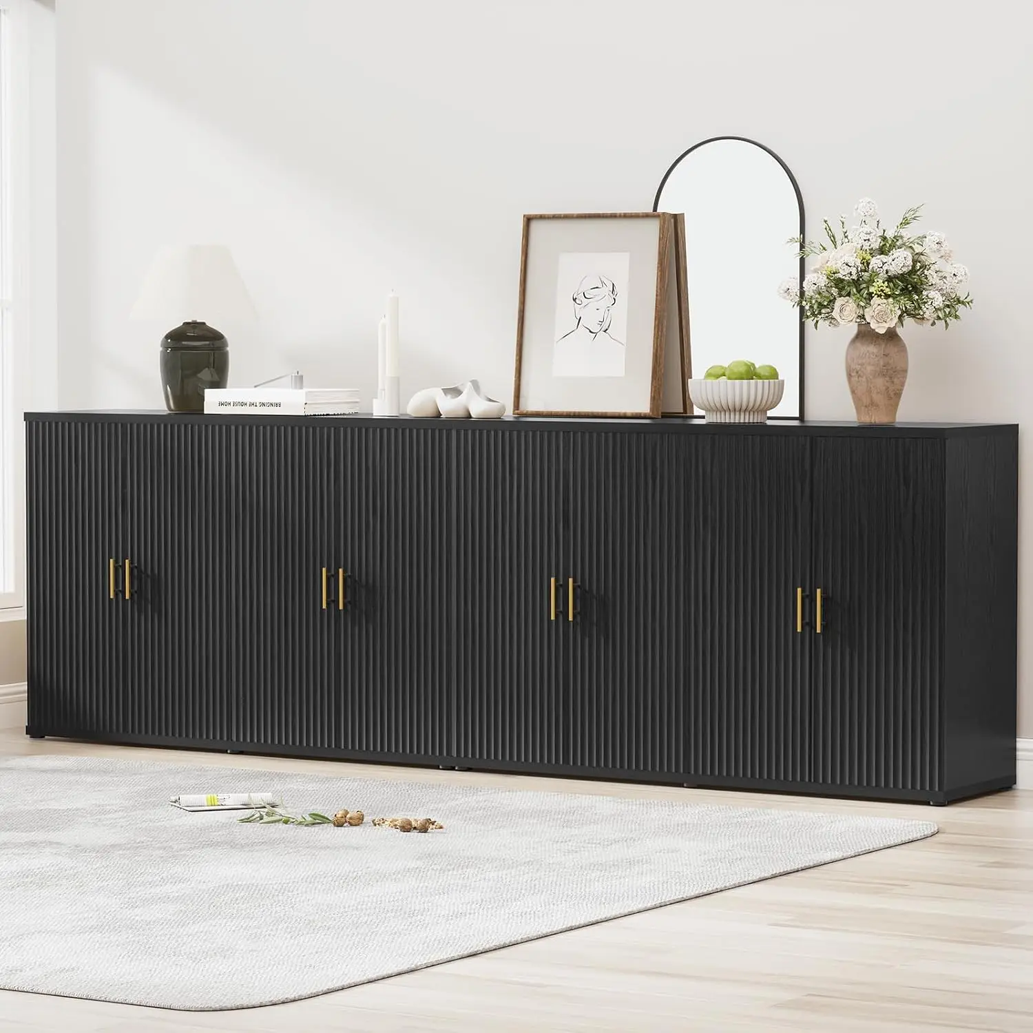 94.6" Black Fluted Sideboard Buffet Cabinet with Storage and 8 Doors, Mordern Credenza Storage Cabinet with Adjustable Shelves,