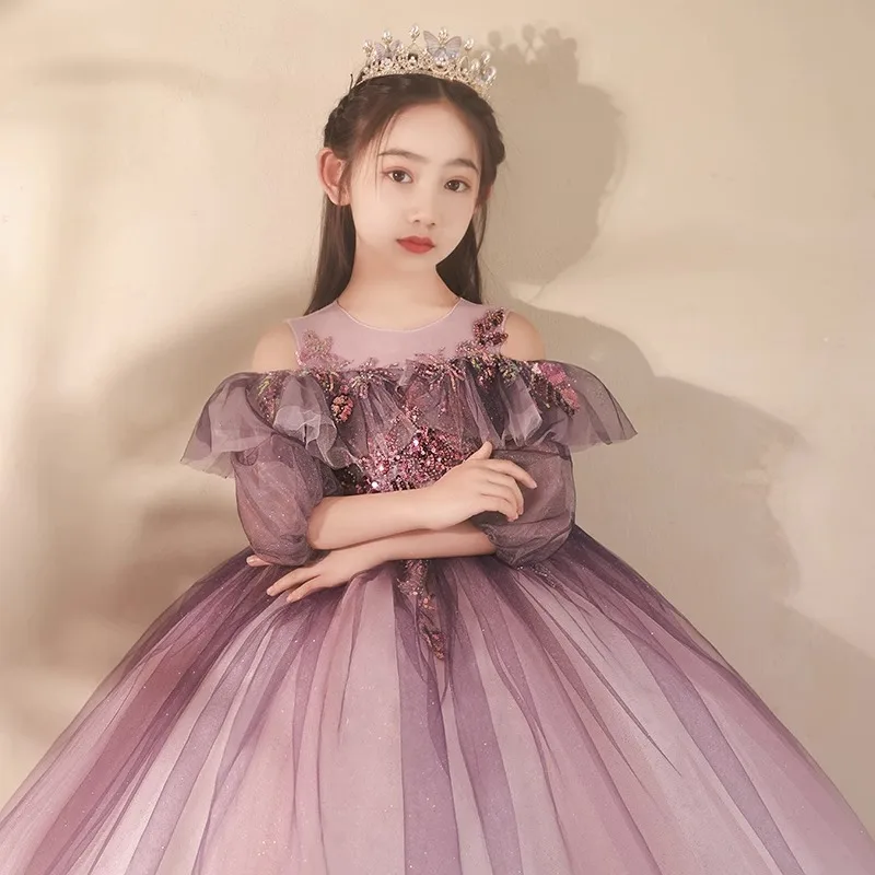 2024 Teenmiro Elegant Party Dress for Junior Girls Children Sequined Purple Tulle Dresses Kids Grad Night Formal Ball Gowns